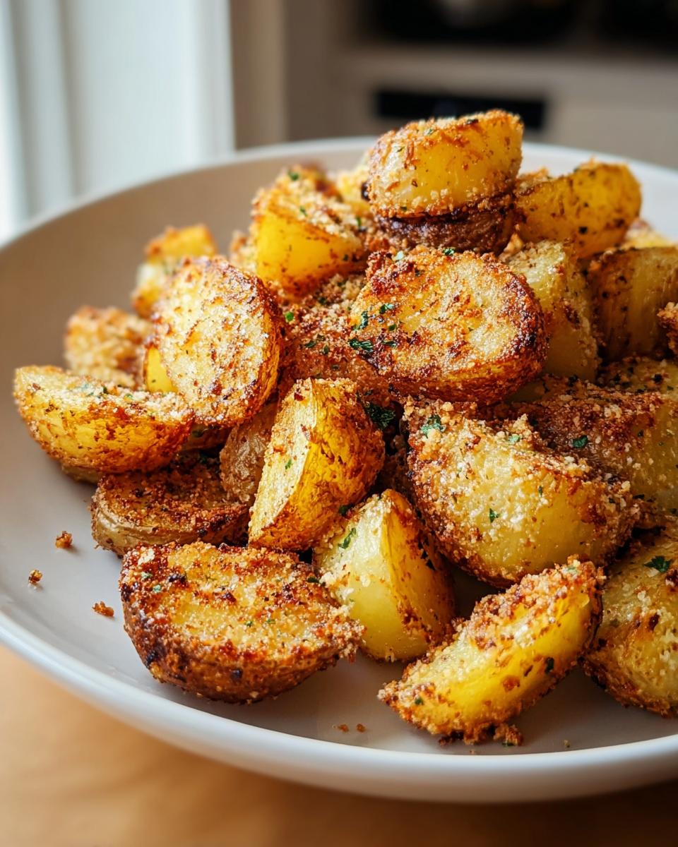 A close-up of a bowl filled with Crispy Crunchy Parmesan Potatoes, perfectly roasted and sprinkled with herbs.
