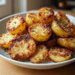 Close-up of a pile of crispy crunchy parmesan potatoes, oven-roasted to golden perfection with visible herbs.