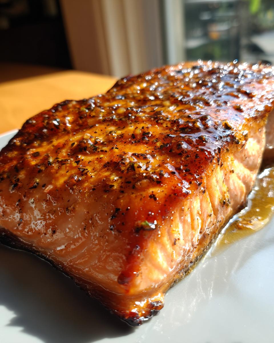 Close-up of a perfectly cooked Crispy Honey Garlic Glazed Salmon fillet, glistening with sauce.