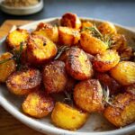 Close-up of a plate piled high with irresistibly crispy roast potatoes, seasoned and garnished with rosemary.