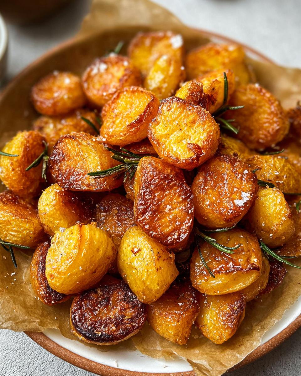 A pile of perfectly golden and crispy roast potatoes, seasoned with sea salt and fresh rosemary.