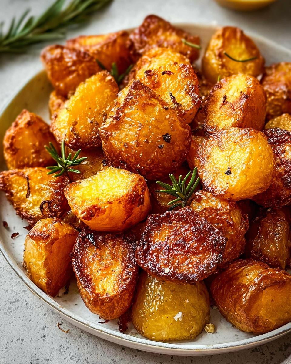 A close-up of a plate filled with golden brown, irresistibly crispy roast potatoes, garnished with rosemary.