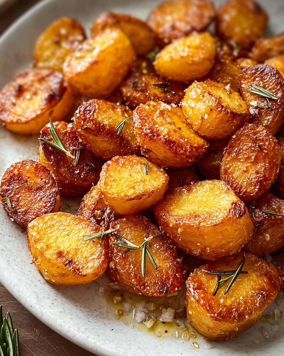 Close-up of golden brown, irresistibly crispy roast potatoes sprinkled with rosemary and sea salt.