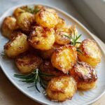 A close-up of a platter piled high with golden-brown, crispy roast potatoes, garnished with fresh rosemary sprigs.