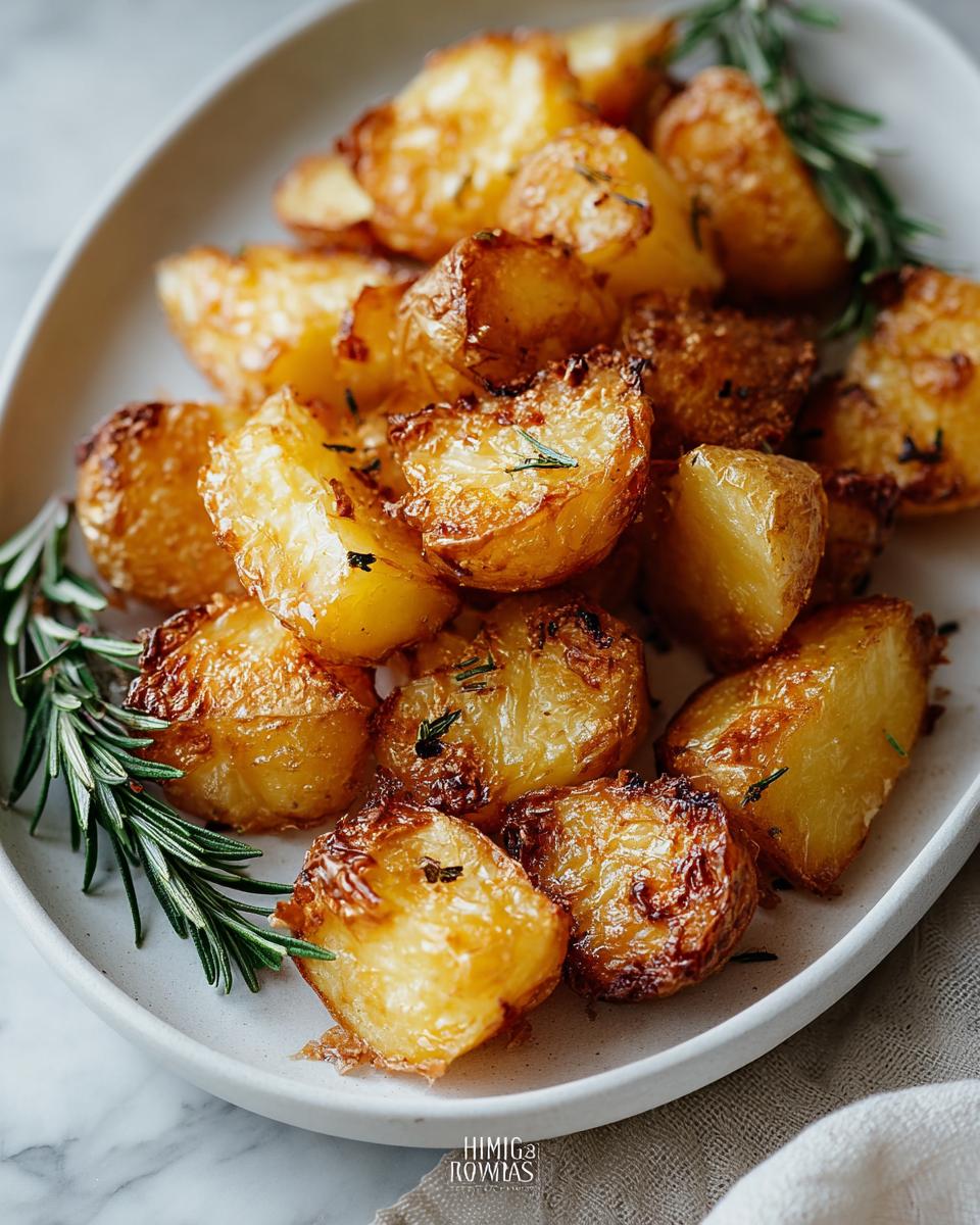 A close-up of golden-brown, crispy roast potatoes seasoned with rosemary, served on a white platter.