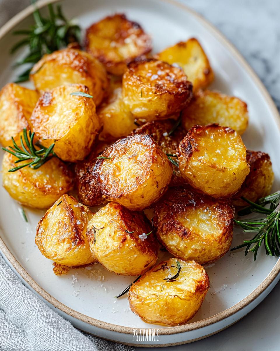 A close-up of a pile of golden-brown, crispy roast potatoes, seasoned with salt and garnished with fresh rosemary.