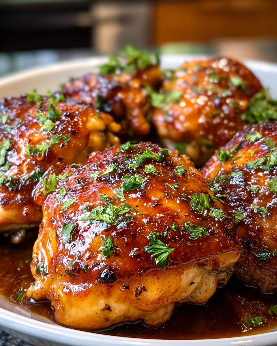 Close-up of glossy, glazed crockpot chicken thighs garnished with fresh parsley.