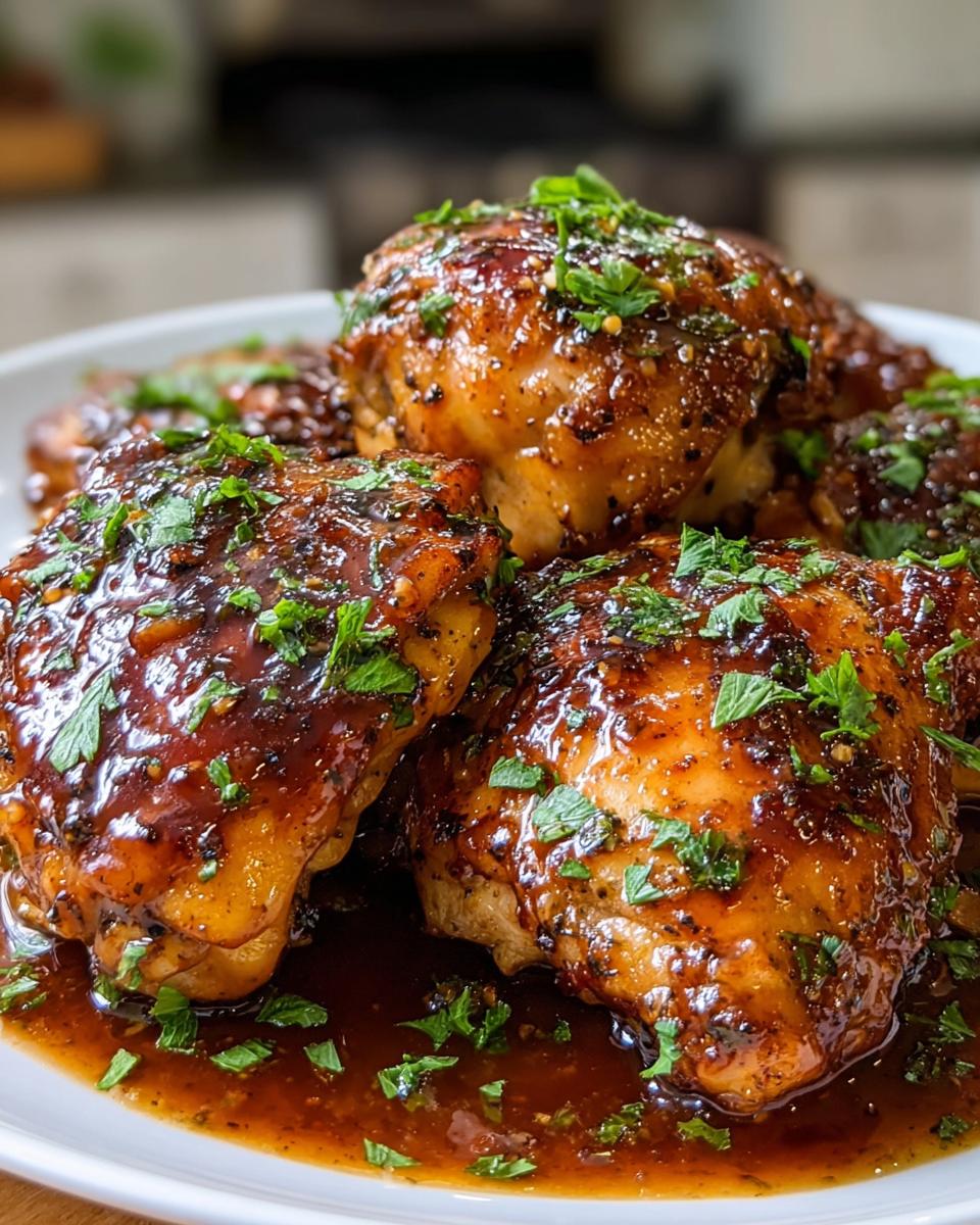 Close-up of glazed crockpot chicken thighs topped with fresh parsley, showcasing a rich sauce.