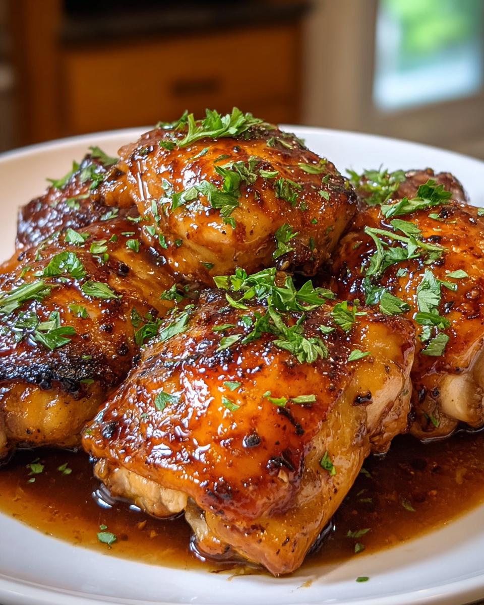 A plate of succulent crockpot chicken thighs coated in a rich, glossy glaze and garnished with fresh parsley.