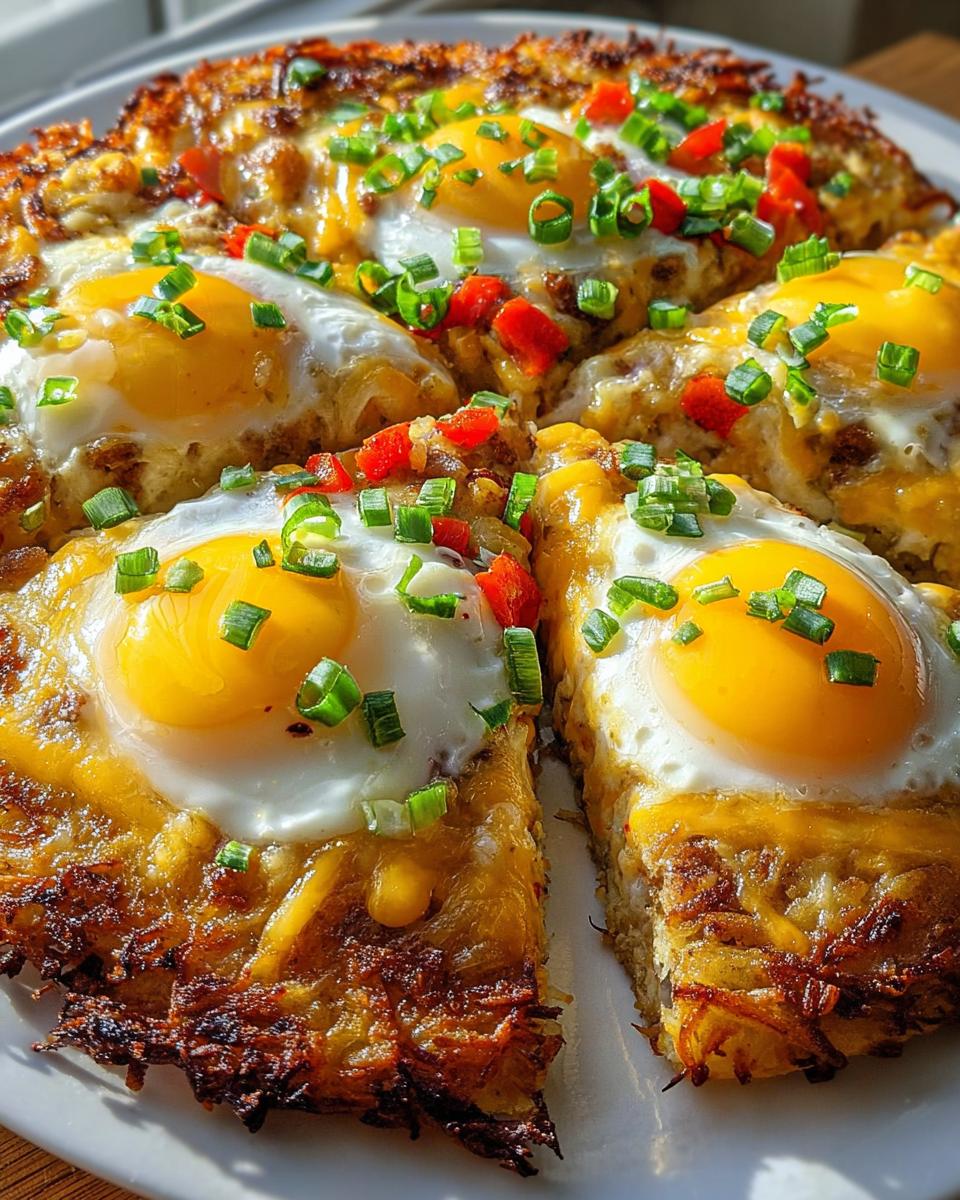 A delicious dorm-friendly breakfast pizza topped with fried eggs, melted cheese, and chopped green onions and red peppers.