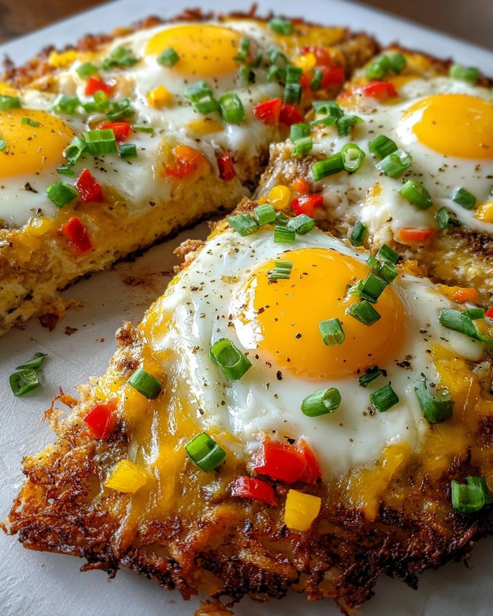 A slice of breakfast pizza with a crispy hash brown crust, topped with melted cheese, a fried egg, and diced bell peppers and green onions.