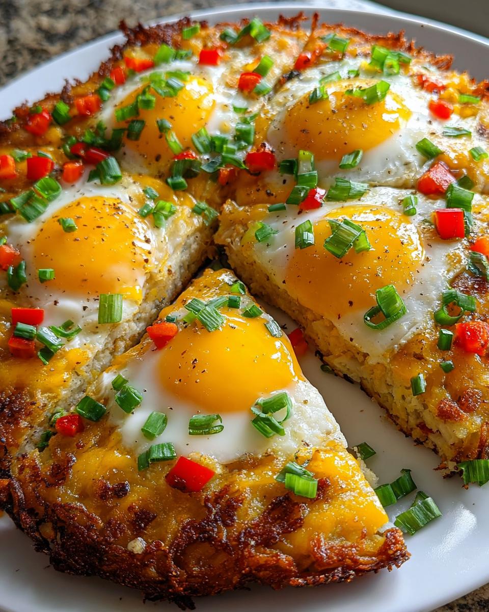 A slice of breakfast pizza with a hash brown crust, topped with melted cheese, baked eggs, red peppers, and green onions.