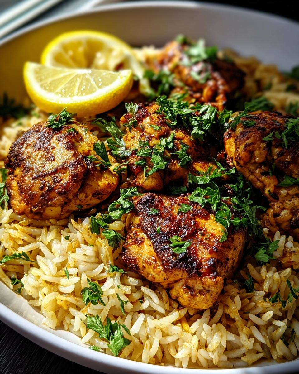 A close-up of seasoned chicken pieces served over fluffy rice, garnished with fresh parsley and lemon slices. Perfect for dorm-friendly easy dinner recipes.