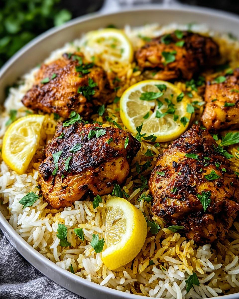 A close-up of a dorm-friendly easy dinner recipe: lemon herb chicken thighs served over fluffy rice, garnished with lemon slices and parsley.