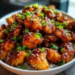 Close-up of delicious Honey Garlic Chicken Bites, a dorm-friendly chicken recipe, topped with sesame seeds and green onions.