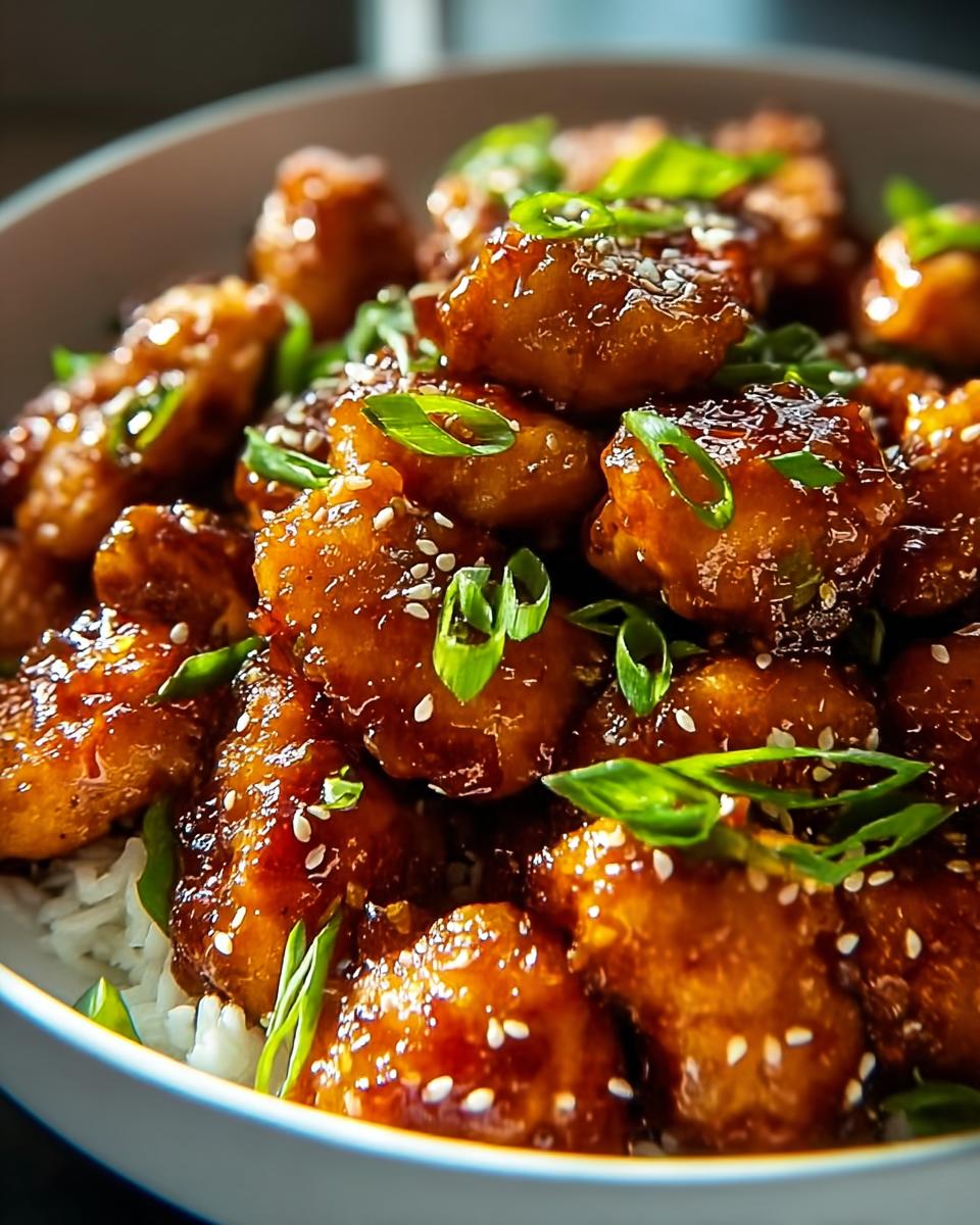 Close-up of delicious honey garlic chicken bites, garnished with sesame seeds and green onions, served over rice.