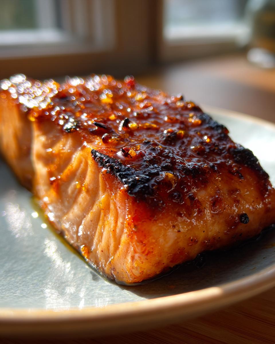 A close-up of a perfectly cooked hot honey salmon fillet, glistening with glaze and a hint of char.