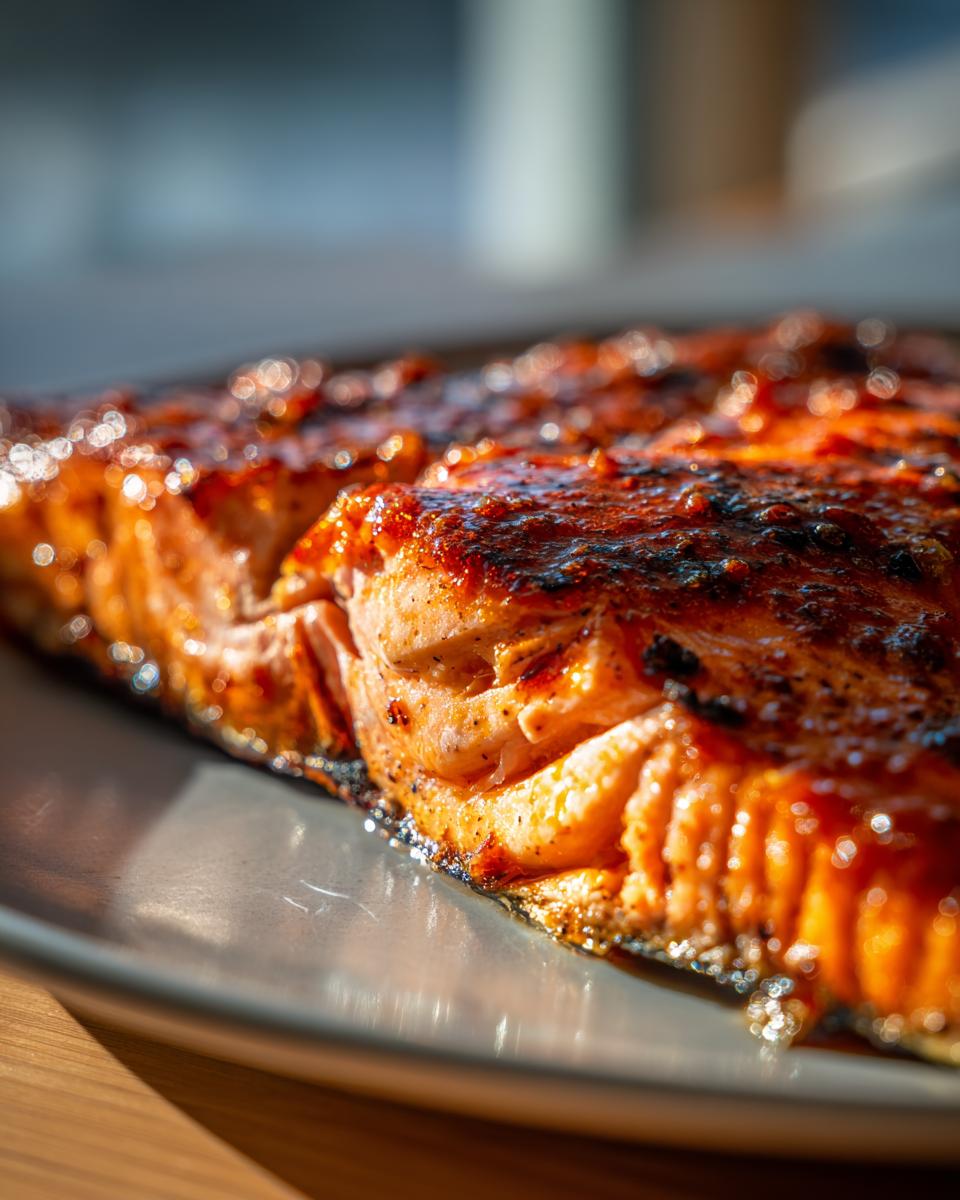 Close-up of a glistening, glazed piece of hot honey salmon on a plate, perfect for dorm-friendly salmon recipes.