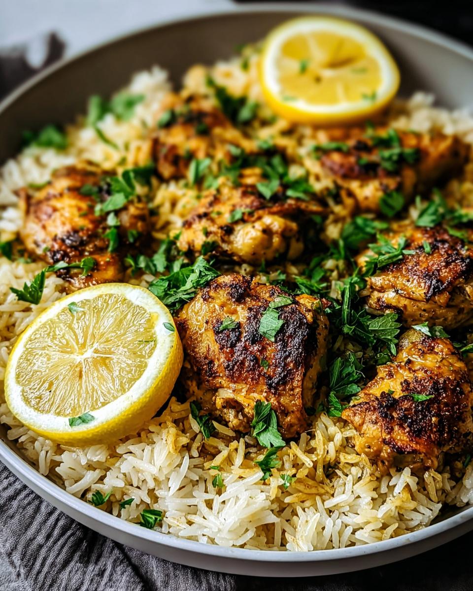 Close-up of lemon herb chicken thighs served over fluffy rice, garnished with fresh parsley and lemon slices. A perfect dorm-friendly easy dinner.