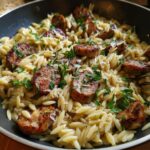Close-up of a one-pot garlic butter sausage and orzo dish, garnished with fresh parsley and grated cheese.