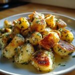 Close-up of a plate of golden-brown Parmesan Potatoes with Garlic & Herbs, glistening with butter and sprinkled with parsley.