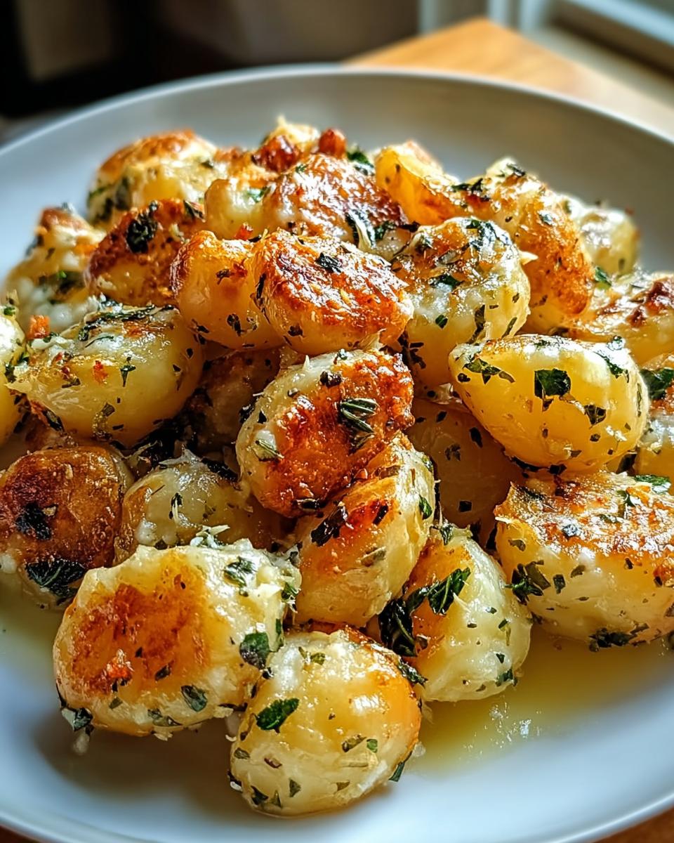 Close-up of golden-brown roasted potatoes with herbs and garlic, a delicious dorm-friendly potato recipe.