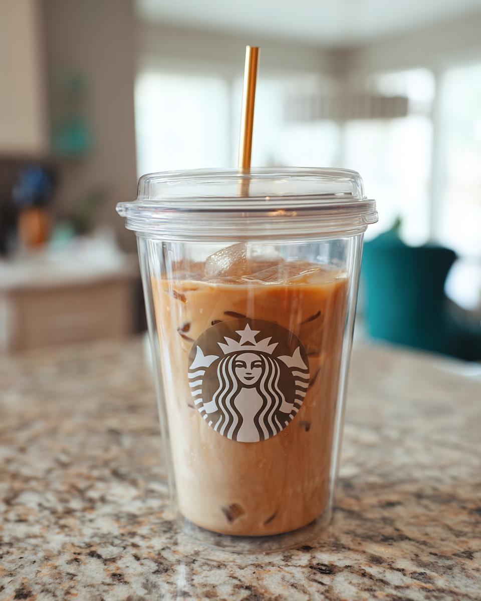A clear Starbucks tumbler filled with an iced latte and a gold straw, perfect for dorm-friendly Starbucks drinks.