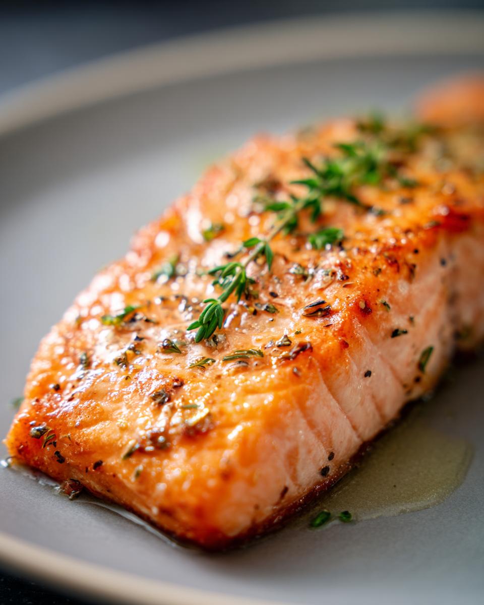 A close-up of a perfectly baked salmon fillet, seasoned with herbs and spices, ready to be served.