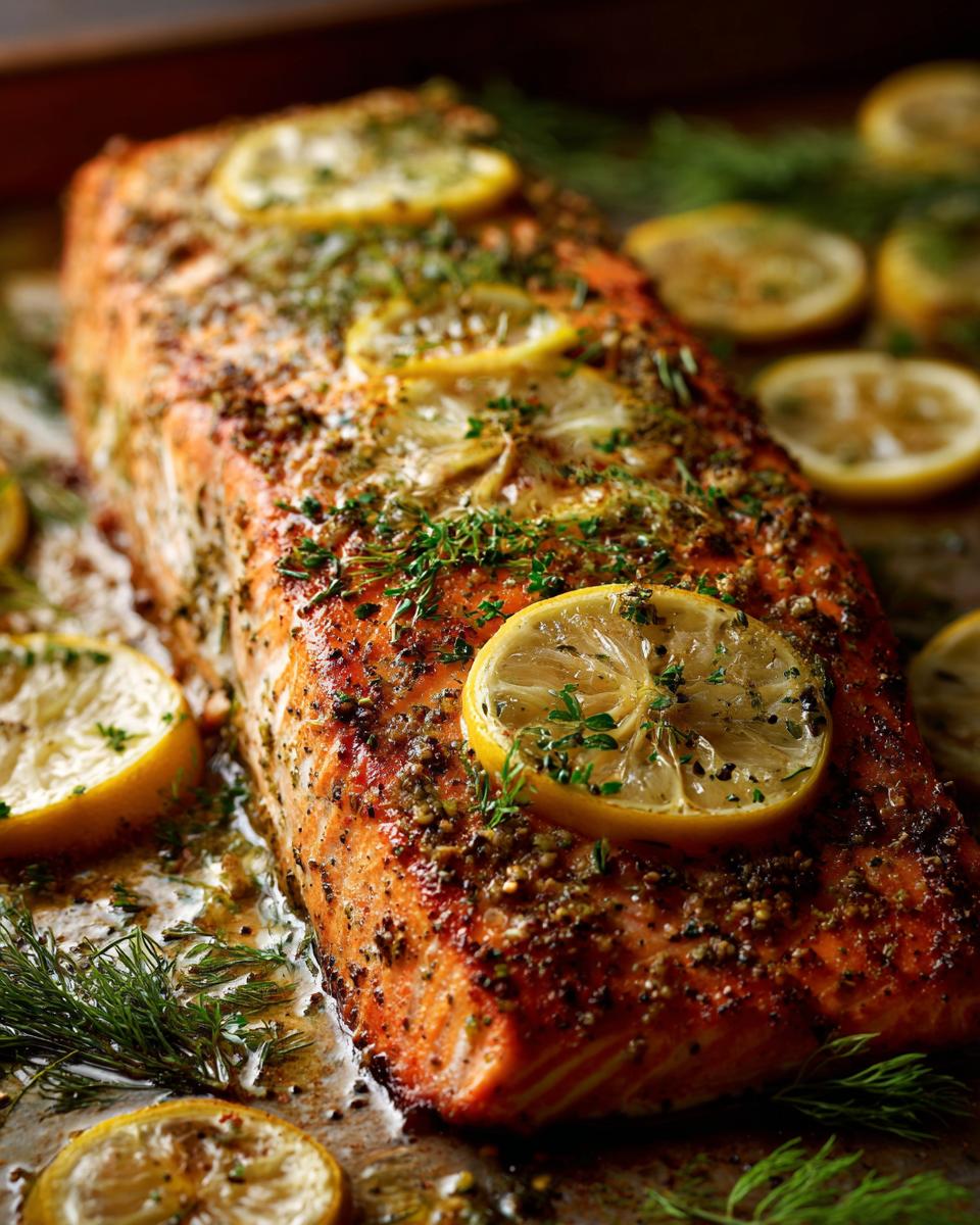 A perfectly baked salmon fillet with lemon slices and fresh herbs, ready to serve.