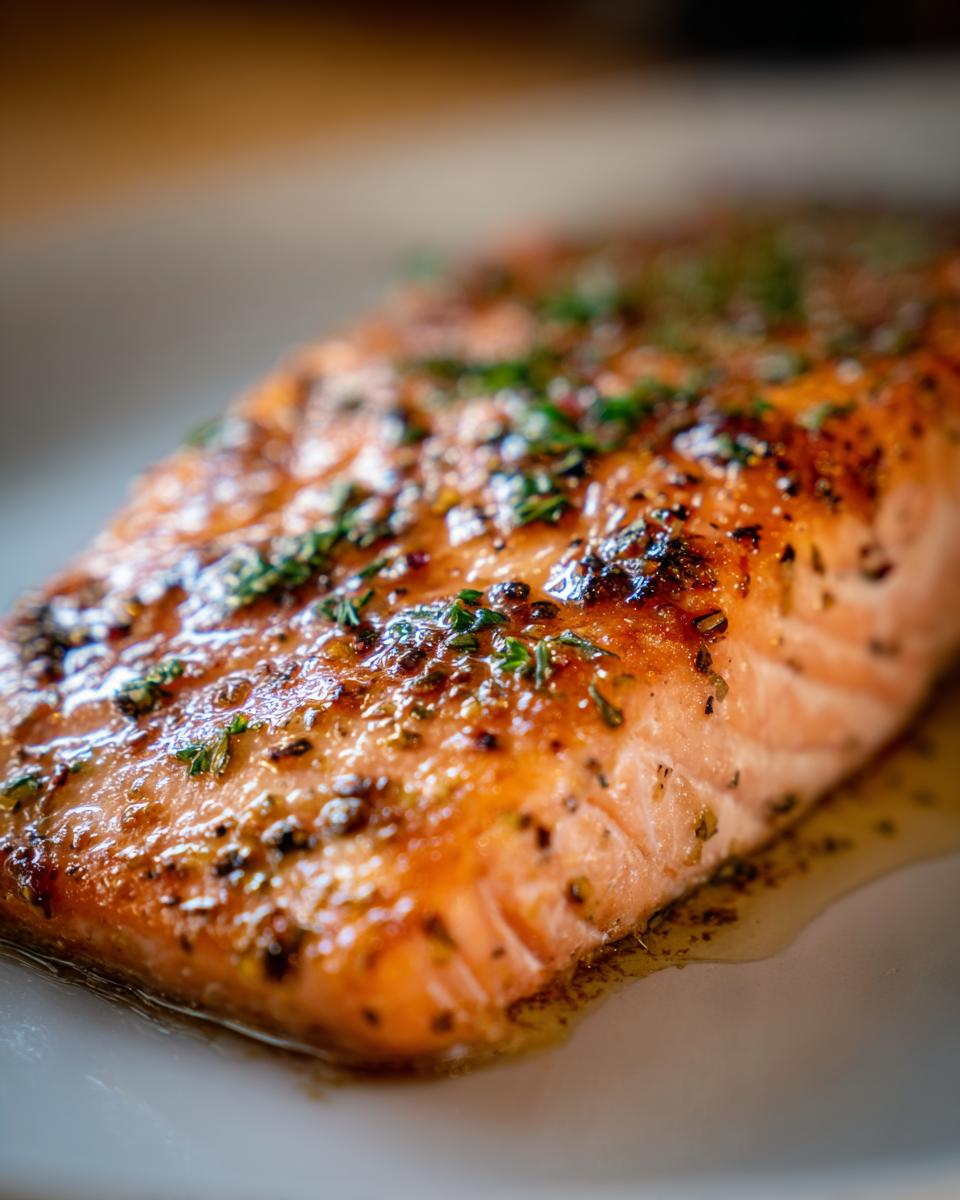 Close-up of a perfectly baked salmon fillet, glistening with herbs and spices, ready to serve.