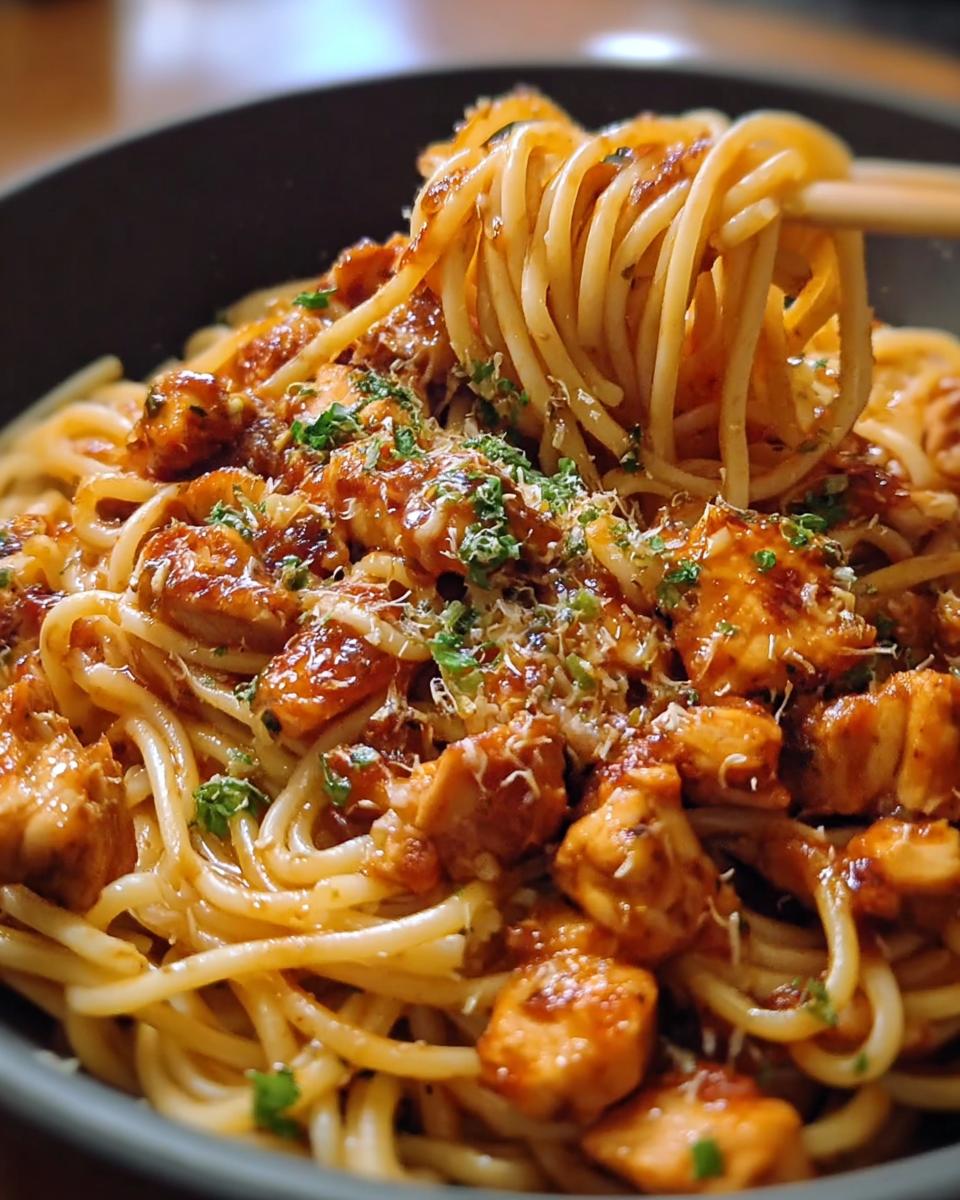 A close-up of chicken spaghetti, a simple and delicious dinner recipe.