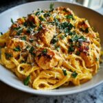 A close-up of Easy Cowboy Butter Chicken Linguine, featuring tender chicken pieces and linguine pasta coated in a creamy sauce, garnished with parsley and cheese.