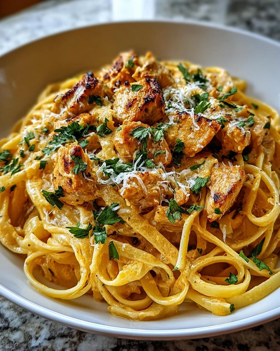 A close-up of Easy Cowboy Butter Chicken Linguine, featuring tender chicken pieces and creamy sauce coating linguine pasta, garnished with parsley and cheese.