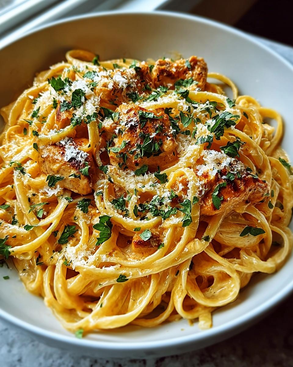 A close-up of Easy Cowboy Butter Chicken Linguine, featuring creamy pasta, tender chicken pieces, and fresh parsley.