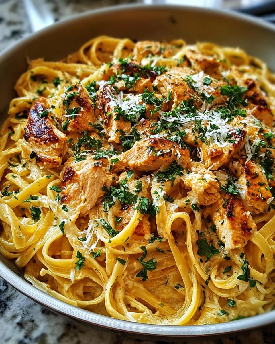 Close-up of Easy Cowboy Butter Chicken Linguine, featuring fettuccine pasta, creamy sauce, grilled chicken pieces, and fresh parsley.