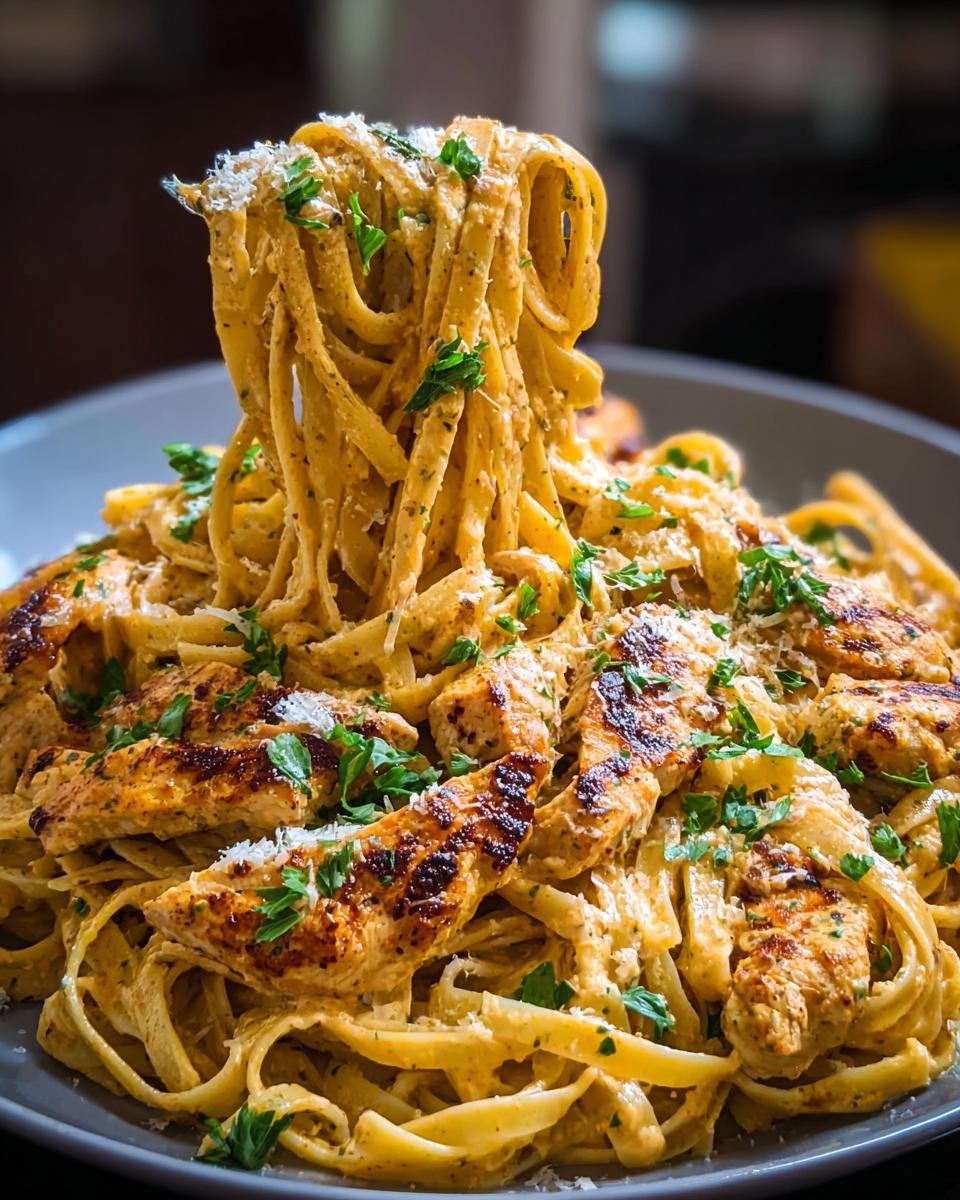 A fork lifting a swirl of creamy Easy Cowboy Butter Chicken Linguine, garnished with parsley and Parmesan.