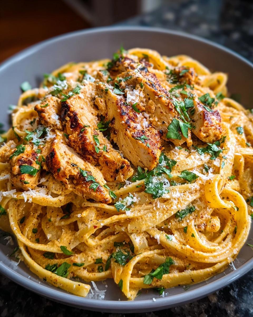 A close-up of Easy Cowboy Butter Chicken Linguine, featuring fettuccine pasta coated in creamy sauce, topped with sliced grilled chicken and fresh parsley.