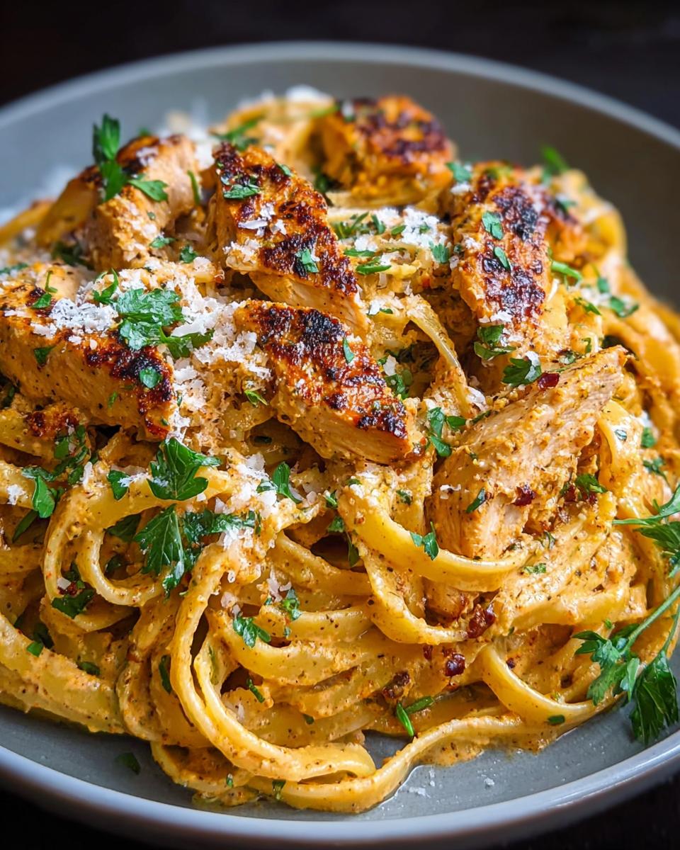 Close-up of Easy Cowboy Butter Chicken Linguine with grilled chicken pieces and fresh parsley.