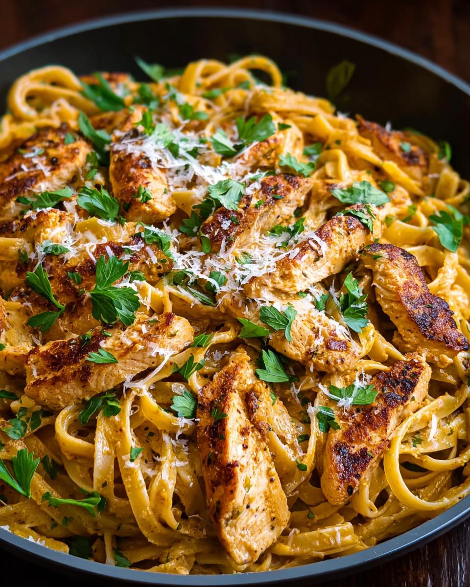 Close-up of Easy Cowboy Butter Chicken Linguine, featuring grilled chicken strips and fettuccine pasta in a creamy sauce, garnished with parsley and cheese.
