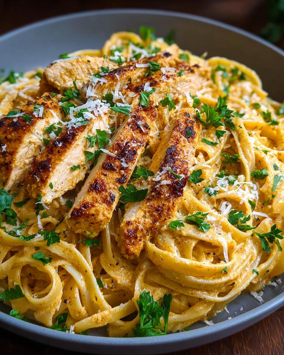 A close-up of creamy linguine pasta topped with sliced cowboy butter chicken and fresh parsley.