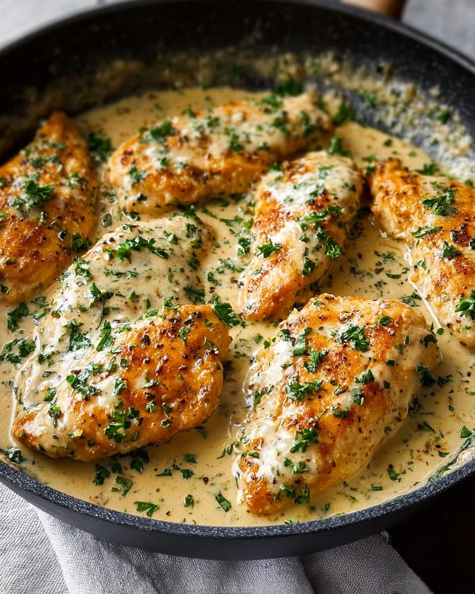 Close-up of an Easy Creamy Ranch Chicken Recipe, with golden-brown chicken breasts simmering in a rich, creamy sauce, garnished with fresh parsley.