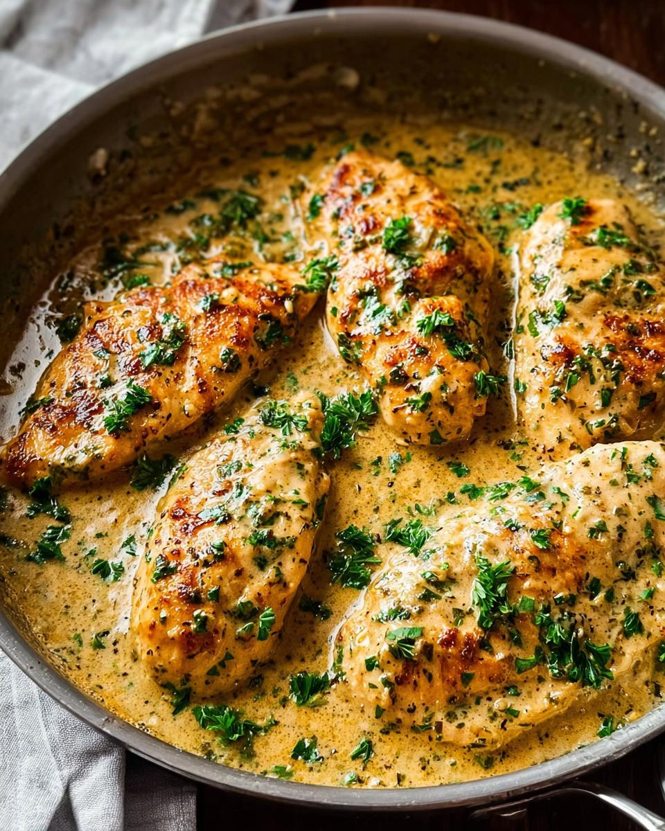 Close-up of juicy chicken breasts in a creamy ranch sauce, garnished with fresh parsley, for an Easy Creamy Ranch Chicken Recipe.
