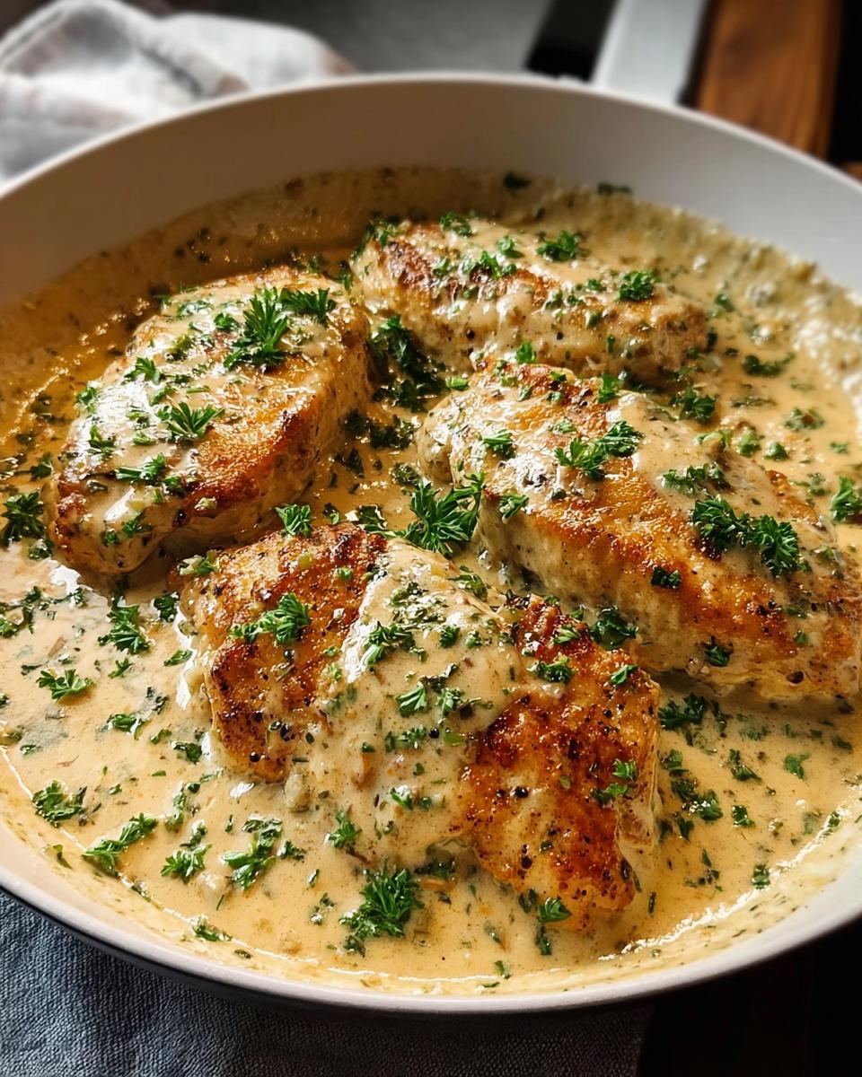 Four golden-brown chicken breasts simmered in a creamy ranch sauce, garnished with fresh parsley.