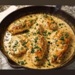 Five juicy chicken breasts simmering in a creamy ranch sauce in a cast iron skillet, garnished with fresh parsley.
