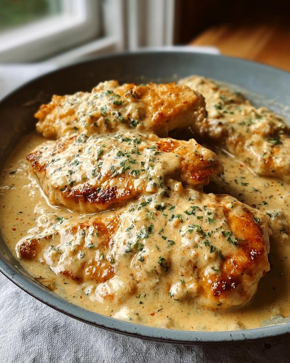 Close-up of Crave-Worthy chicken breasts coated in creamy ranch sauce, garnished with parsley.