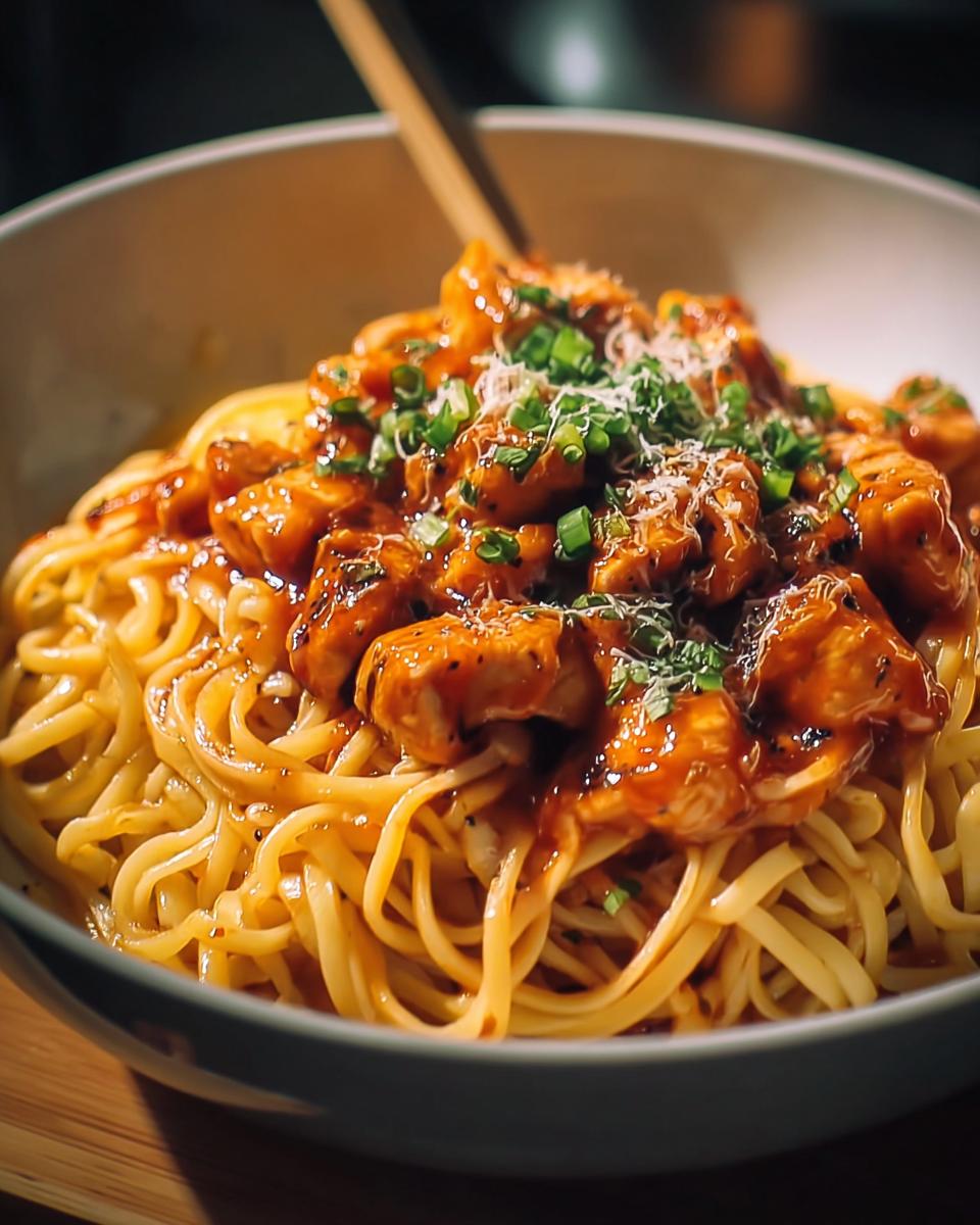 Close-up of a bowl of pasta topped with saucy chicken pieces and green onions. An easy dinner recipe.