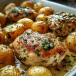 Close-up of juicy chicken breasts baked with golden potatoes, seasoned with garlic and herbs.