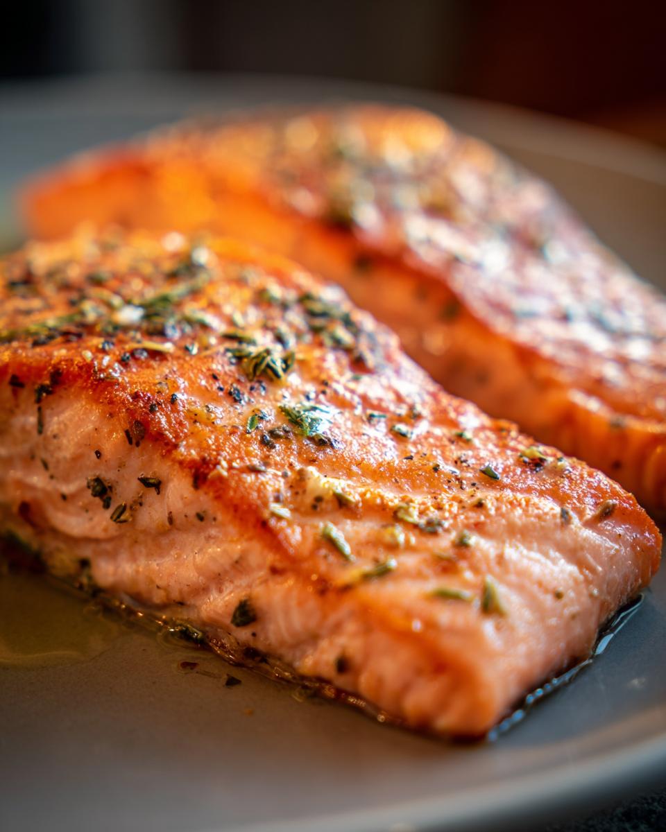 Close-up of two perfectly baked salmon fillets seasoned with herbs and spices, ready for a flavorful weeknight dinner.