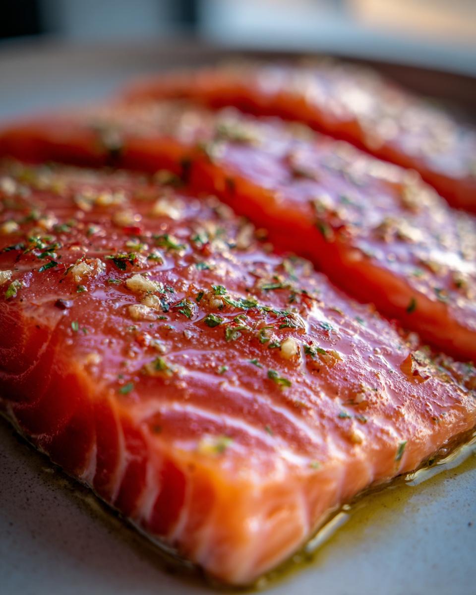 Close-up of raw salmon fillets seasoned with herbs and garlic, ready for baking in a healthy salmon recipe.