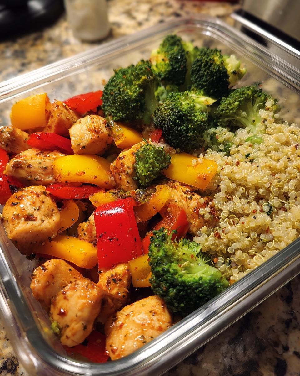 A glass container filled with an Easy Healthy Meal Prep: Chicken, bell peppers, broccoli, and quinoa.